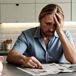 **

A worried Swedish couple sitting at their kitchen table, looking at bills. The wife is holding her head, and the husband is pointing at a newspaper with a headline about rising interest rates ("Räntehöjningar"). The kitchen is modern and stylish, but the atmosphere is tense. A piggy bank sits empty on the counter. The overall color palette should be muted and slightly desaturated to reflect the economic anxiety.

**