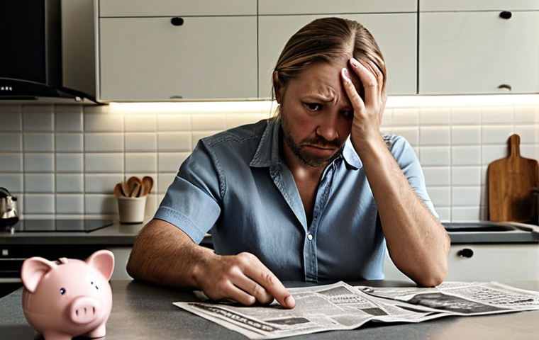 **
A worried Swedish couple sitting at their kitchen table, looking at bills. The wife is holding her head, and the husband is pointing at a newspaper with a headline about rising interest rates ("Räntehöjningar"). The kitchen is modern and stylish, but the atmosphere is tense. A piggy bank sits empty on the counter. The overall color palette should be muted and slightly desaturated to reflect the economic anxiety.
**