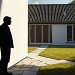 In the foreground, a thoughtful figure (or a pair of hands) points towards the house, suggesting both cautious analysis and the search for future opportunities. The lighting should be a mix of challenging shadows and hopeful light, reflecting current uncertainty but also potential future stability. Clean, contemporary, realistic style.