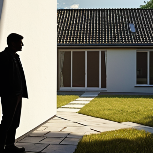 Home 6 In the foreground, a thoughtful figure (or a pair of hands) points towards the house, suggesting both cautious analysis and the search for future opportunities. The lighting should be a mix of challenging shadows and hopeful light, reflecting current uncertainty but also potential future stability. Clean, contemporary, realistic style.