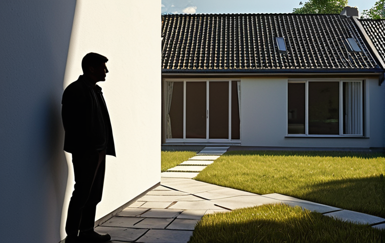 In the foreground, a thoughtful figure (or a pair of hands) points towards the house, suggesting both cautious analysis and the search for future opportunities. The lighting should be a mix of challenging shadows and hopeful light, reflecting current uncertainty but also potential future stability. Clean, contemporary, realistic style.